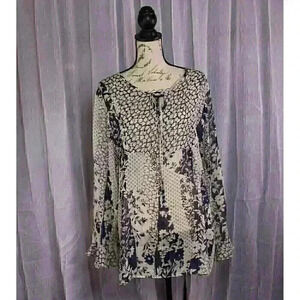 Susan Graver Size L Blue/beige sheer long bell sleeve pullover blouse